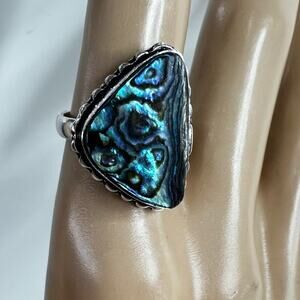 Abalone stamped 925 silver plated ring comfortably adjustable, fits all sizes